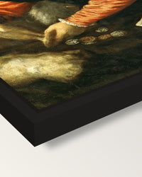 Jacopo Strada by Titian framed canvas, corner close-up: a black floating frame with a shadow gap round the canvas