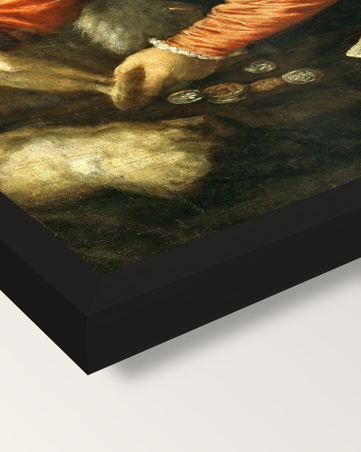 Jacopo Strada by Titian framed print, corner close-up: black moulding, mitred, the print set just below its edge