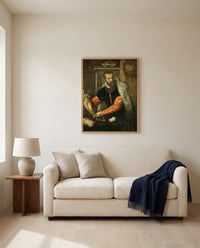 Jacopo Strada by Titian framed in natural oak above a cream sofa in a warm living room