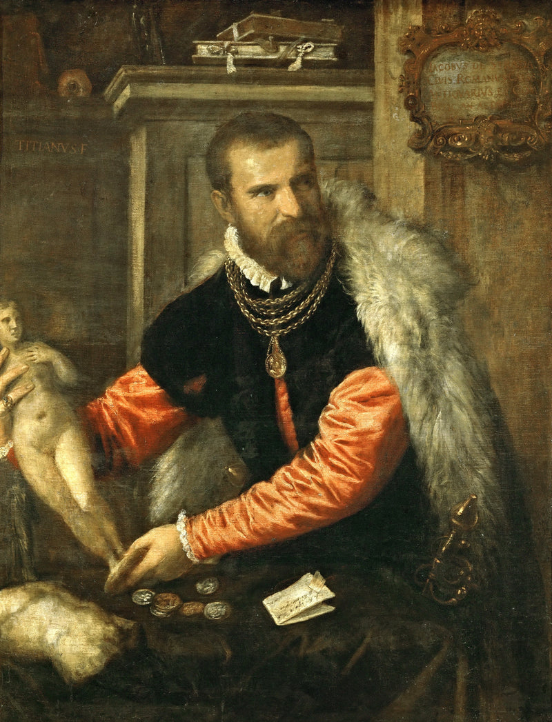 Portrait of Jacopo Strada by Titian: a bearded man in red silk, fur and a gold chain holding out a small statue