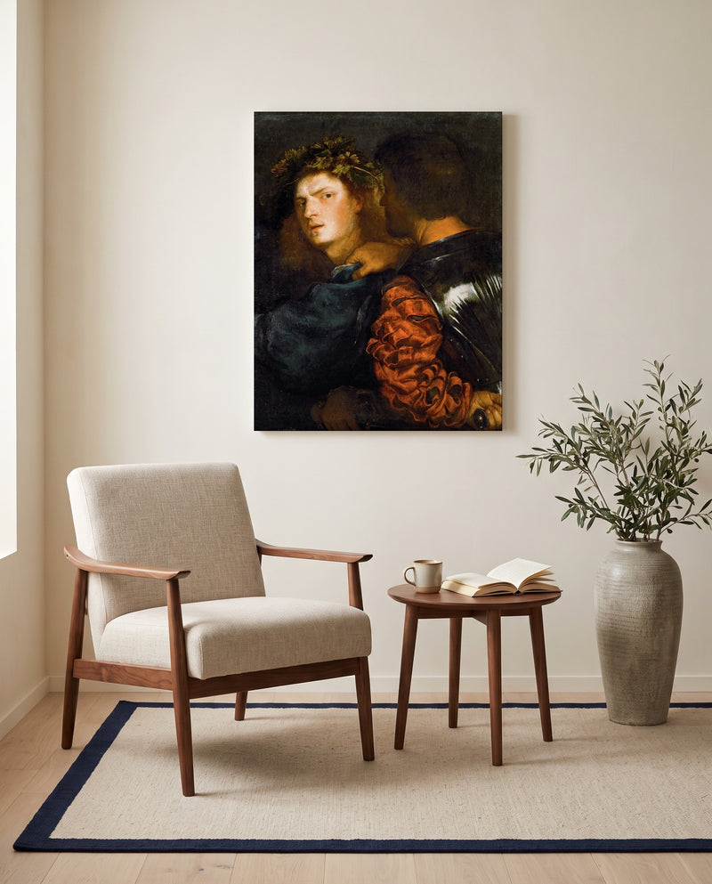 The Bravo by Titian as a stretched canvas above a linen lounge chair in a reading corner
