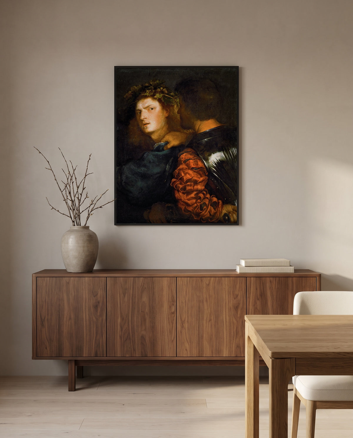 The Bravo by Titian in a black frame above a walnut sideboard in a dining room