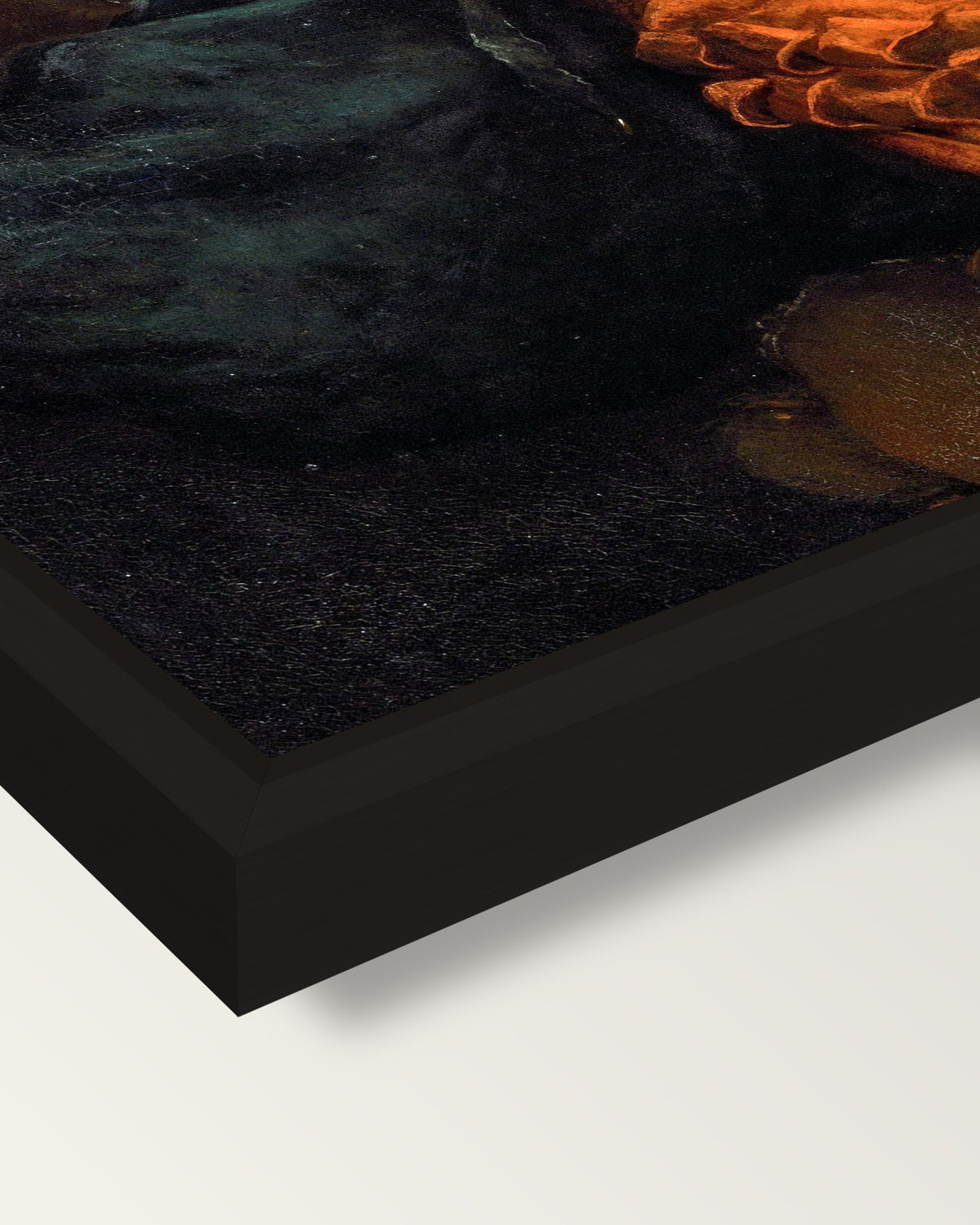 The Bravo by Titian framed canvas, corner close-up: a black floating frame with a shadow gap round the canvas