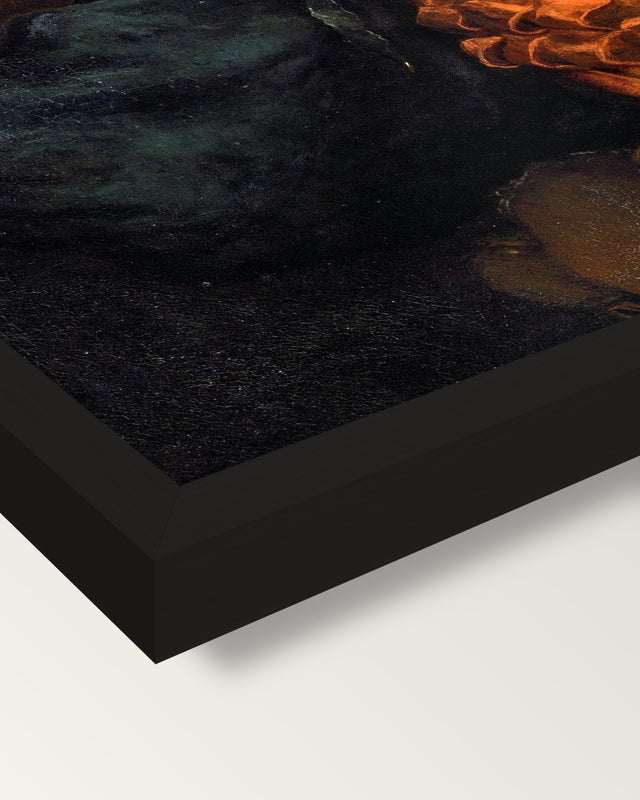The Bravo by Titian framed print, corner close-up: black moulding, mitred, the print set just below its edge