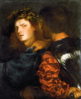 The Bravo by Titian: a young man crowned with vine leaves turns as an armoured man seen from behind grips his shoulder