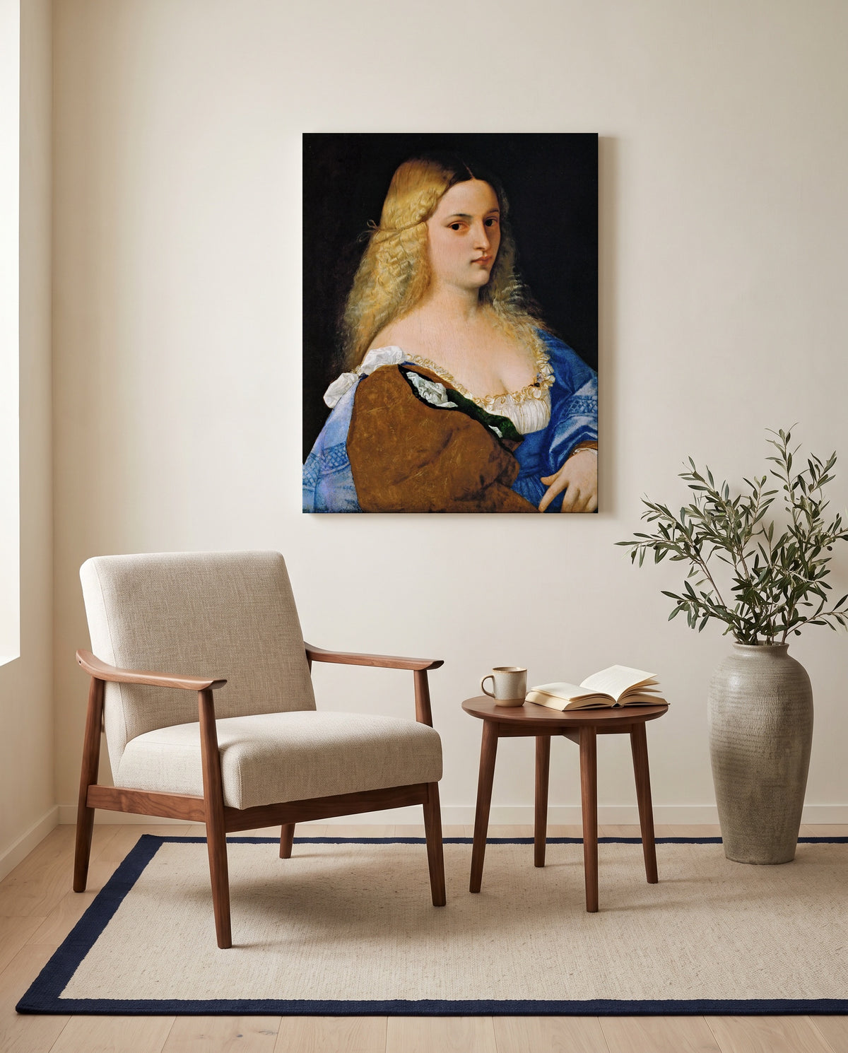 Violante by Titian as a stretched canvas above a linen lounge chair in a reading corner
