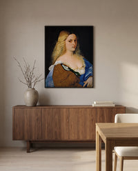 Violante by Titian in a black frame above a walnut sideboard in a dining room