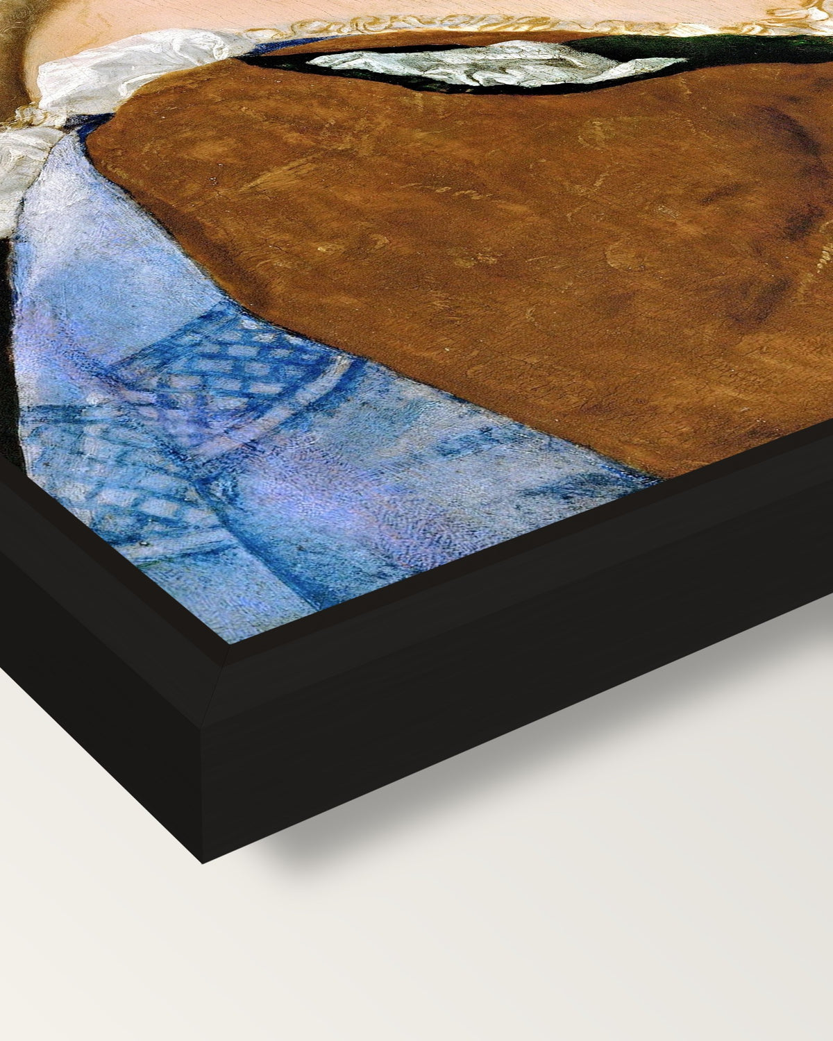 Violante by Titian framed canvas, corner close-up: a black floating frame with a shadow gap round the canvas