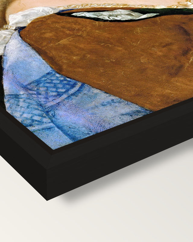 Violante by Titian framed canvas, corner close-up: a black floating frame with a shadow gap round the canvas