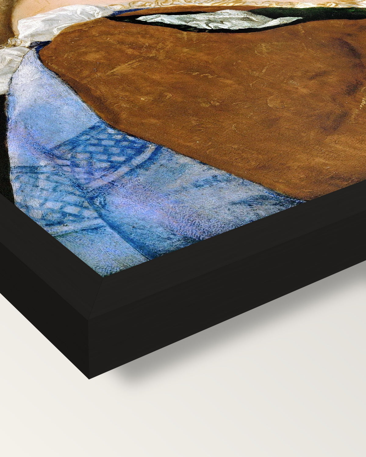 Violante by Titian framed print, corner close-up: black moulding, mitred, the print set just below its edge