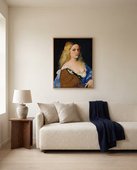 Violante by Titian framed in natural oak above a cream sofa in a warm living room