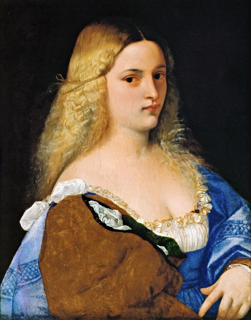 Violante by Titian: a young woman with long golden hair in a blue dress and brown sleeve, against a dark ground