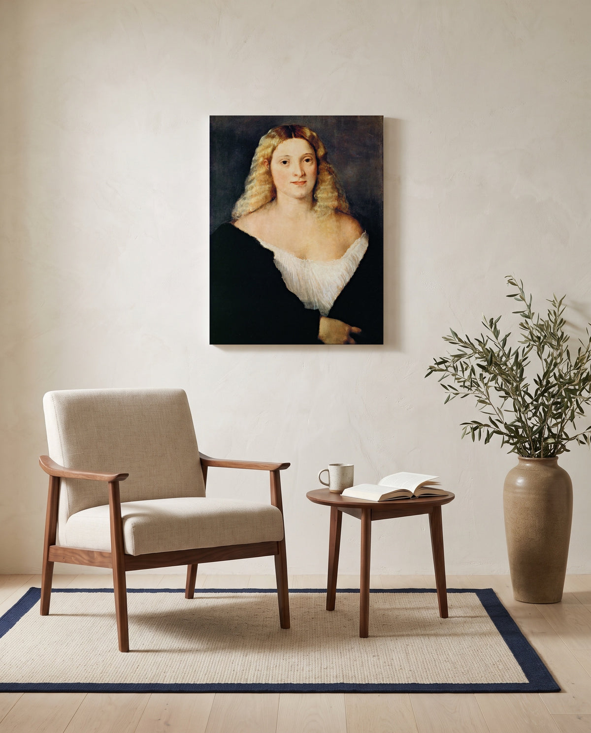 Woman in a Black Dress by Titian as a stretched canvas above a linen lounge chair in a reading corner