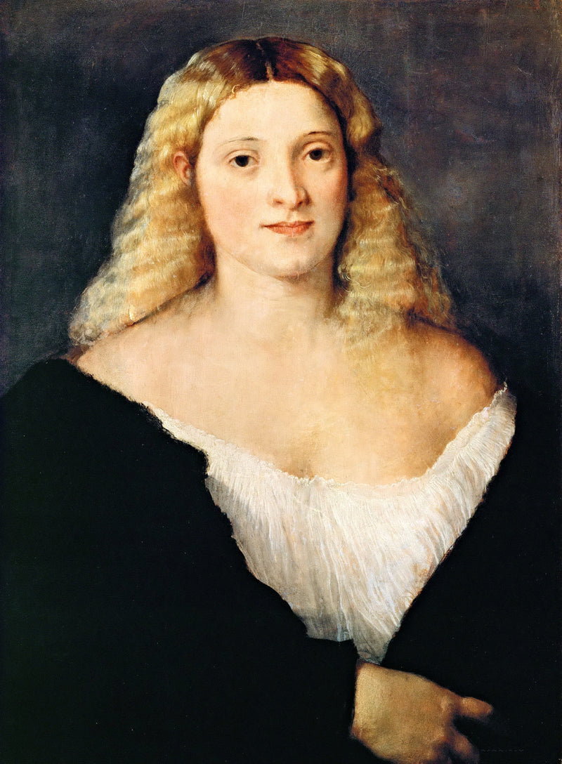 Young Woman in a Black Dress by Titian: a woman with long golden hair in a black dress over white, against a dark ground