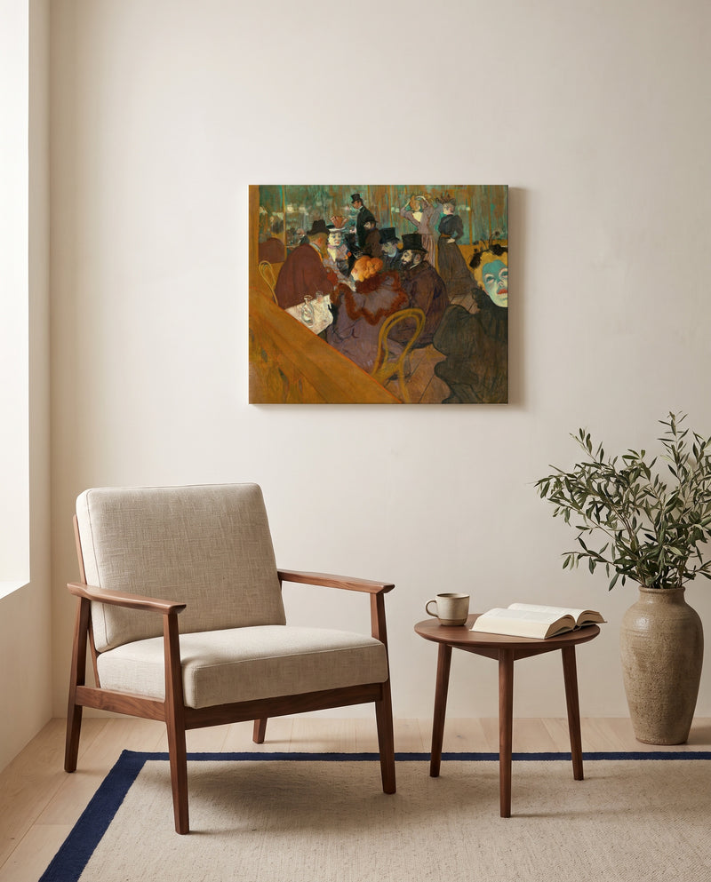 At the Moulin Rouge by Henri de Toulouse-Lautrec as a stretched canvas above a linen lounge chair in a reading corner
