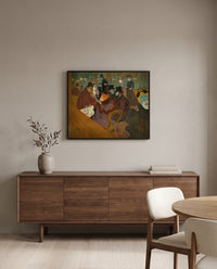 At the Moulin Rouge by Henri de Toulouse-Lautrec in a black frame above a walnut sideboard in a dining room