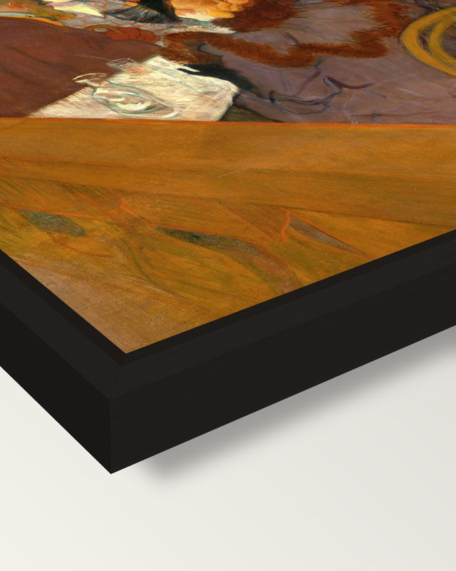 At the Moulin Rouge framed canvas, corner close-up: a black floating frame with a shadow gap round the canvas