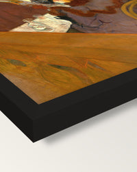 At the Moulin Rouge framed print, corner close-up: black moulding, mitred, the print set just below its edge