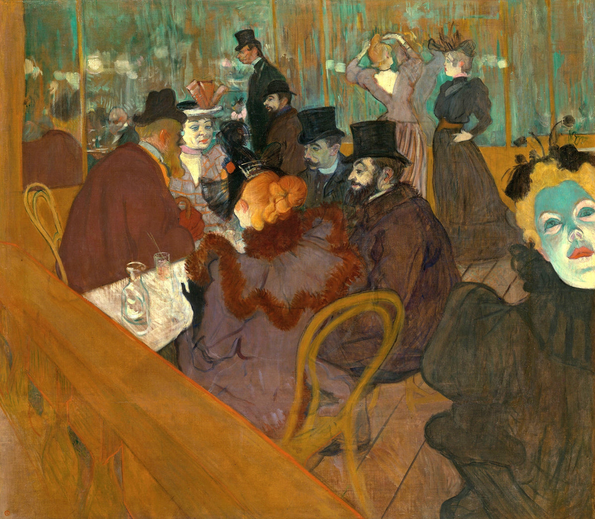 At the Moulin Rouge by Toulouse-Lautrec: men in hats and a red-haired woman at a table, a woman’s face lit green at right