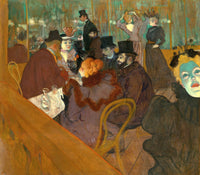 At the Moulin Rouge by Toulouse-Lautrec: men in hats and a red-haired woman at a table, a woman’s face lit green at right