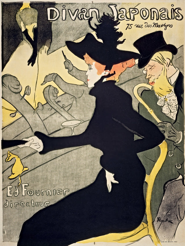 Divan Japonais by Toulouse-Lautrec: a woman in a black dress and hat in a cabaret audience, a singer in black gloves above