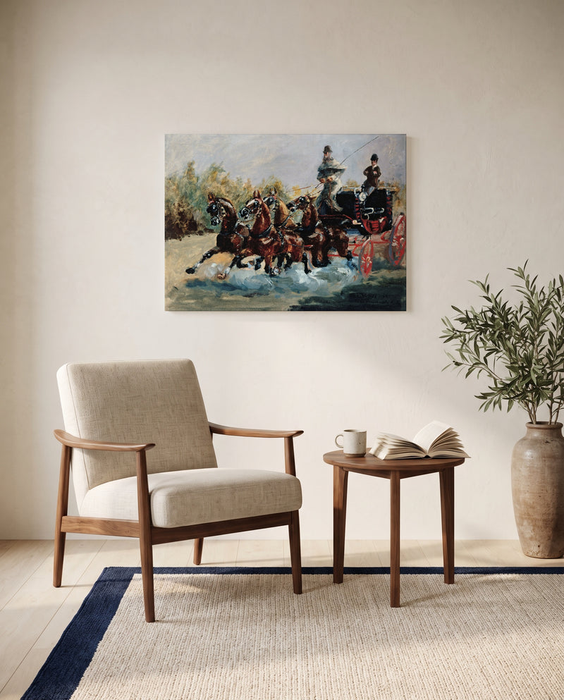 The Mail-Coach by Henri de Toulouse-Lautrec as a stretched canvas above a linen lounge chair in a reading corner