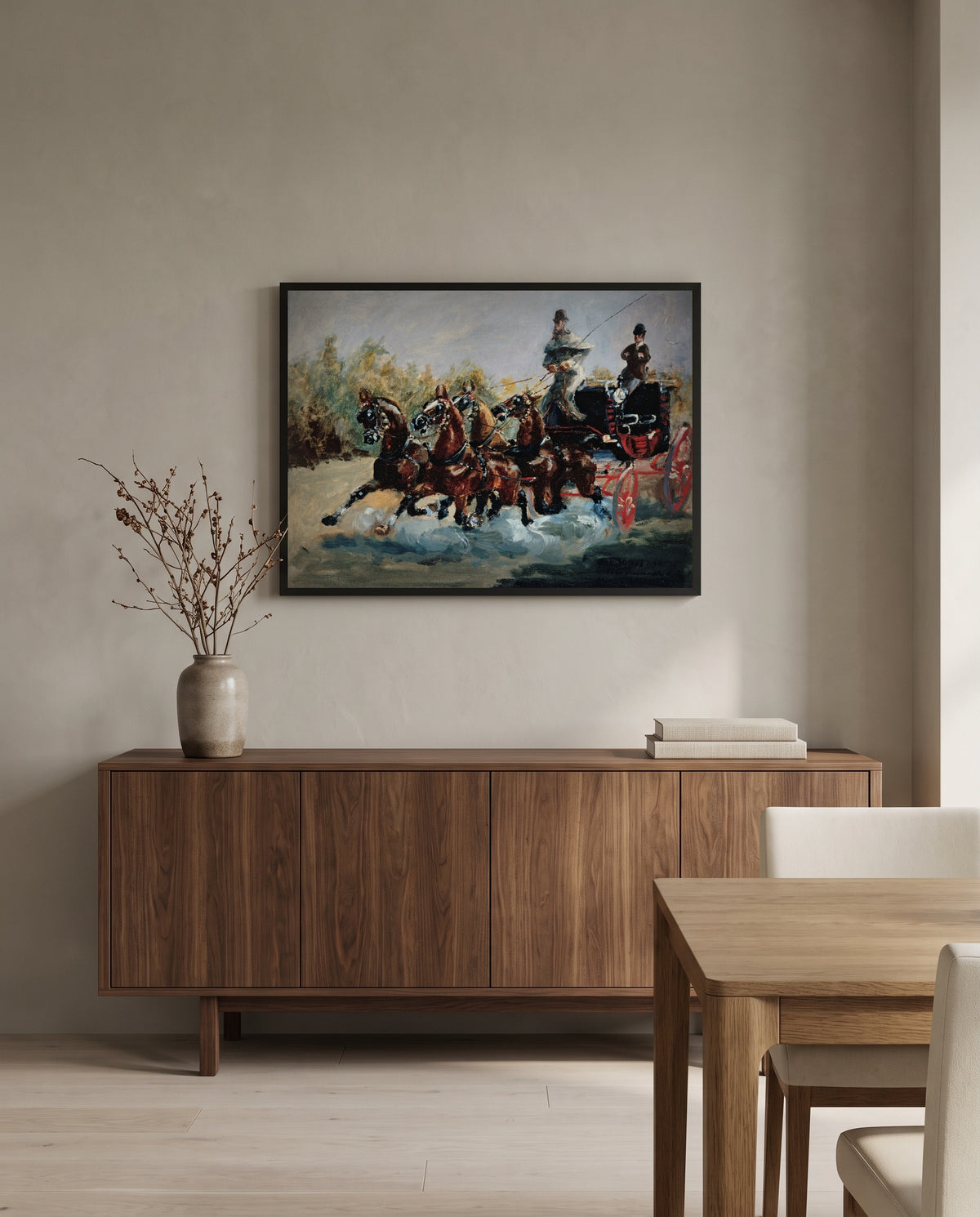 The Mail-Coach by Henri de Toulouse-Lautrec in a black frame above a walnut sideboard in a dining room