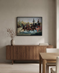 The Mail-Coach by Henri de Toulouse-Lautrec in a black frame above a walnut sideboard in a dining room