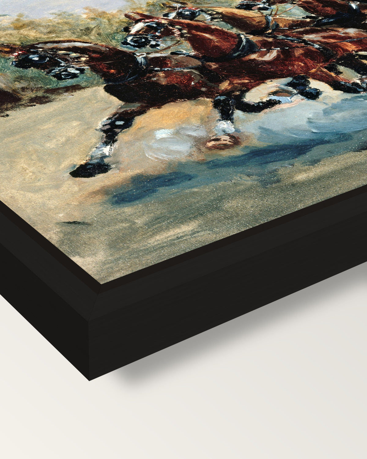 The Mail-Coach framed canvas, corner close-up: a black floating frame with a shadow gap round the canvas