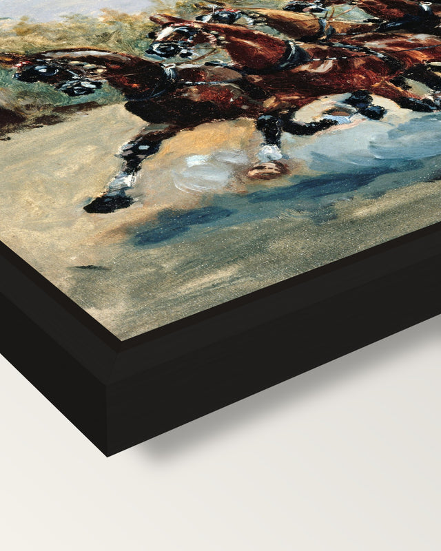 The Mail-Coach framed canvas, corner close-up: a black floating frame with a shadow gap round the canvas