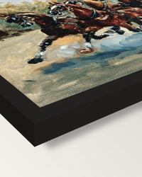 The Mail-Coach framed print, corner close-up: black moulding, mitred, the print set just below its edge