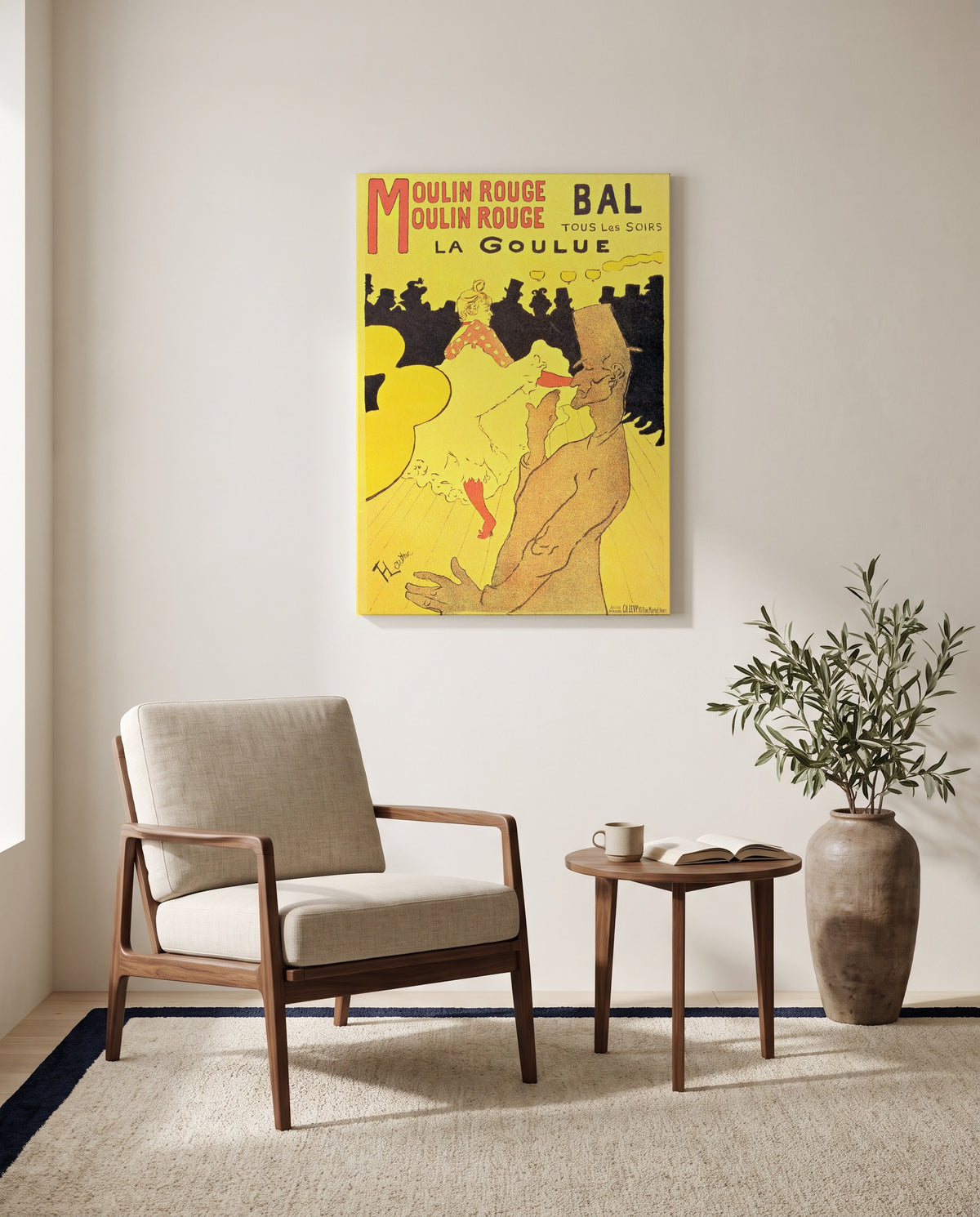 Moulin Rouge: La Goulue by Henri de Toulouse-Lautrec as a stretched canvas above a linen lounge chair in a reading corner