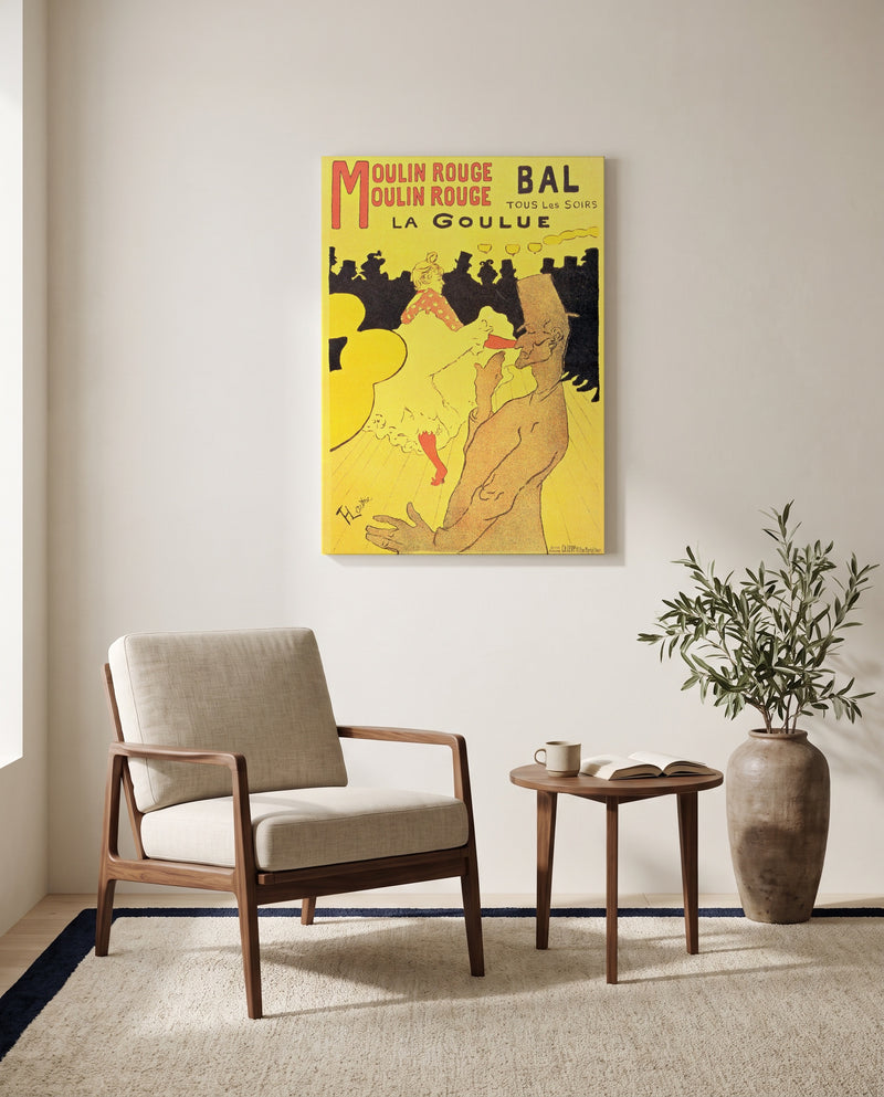 Moulin Rouge: La Goulue by Henri de Toulouse-Lautrec as a stretched canvas above a linen lounge chair in a reading corner