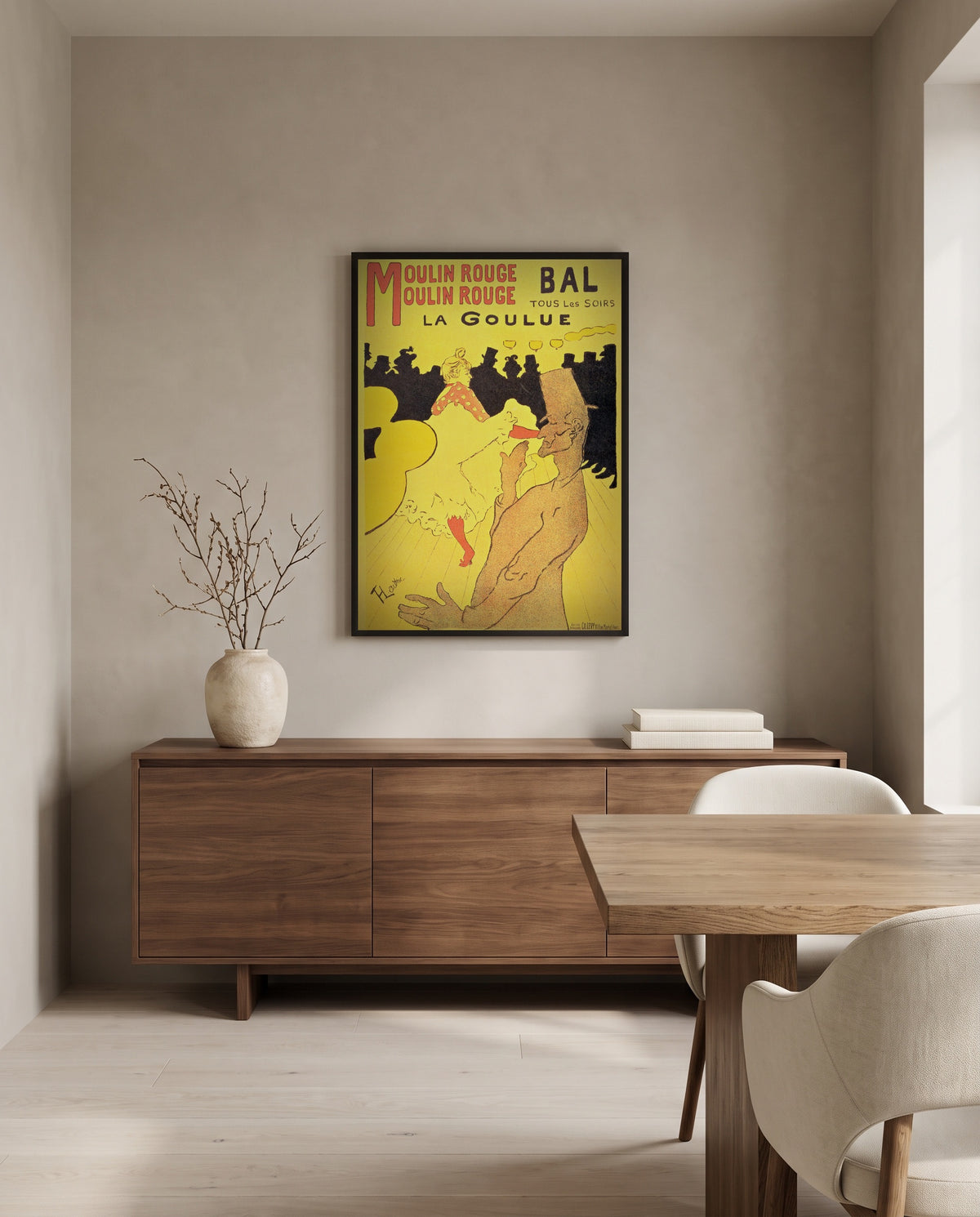 Moulin Rouge: La Goulue by Henri de Toulouse-Lautrec in a black frame above a walnut sideboard in a dining room