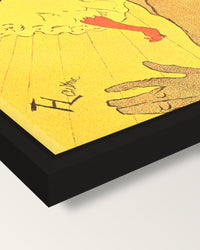 Moulin Rouge: La Goulue framed canvas, corner close-up: a black floating frame with a shadow gap round the canvas