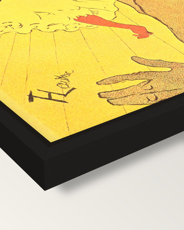 Moulin Rouge: La Goulue framed canvas, corner close-up: a black floating frame with a shadow gap round the canvas