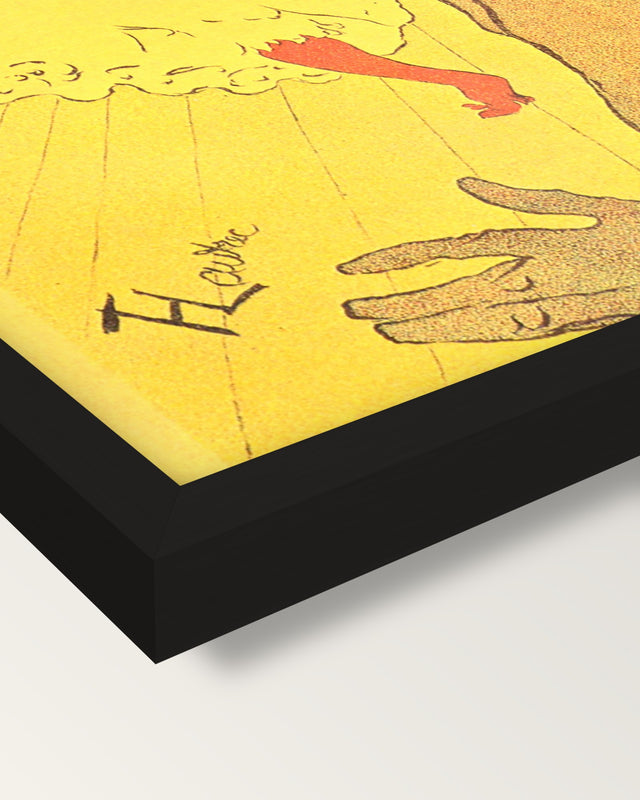 Moulin Rouge: La Goulue framed print, corner close-up: black moulding, mitred, the print set just below its edge