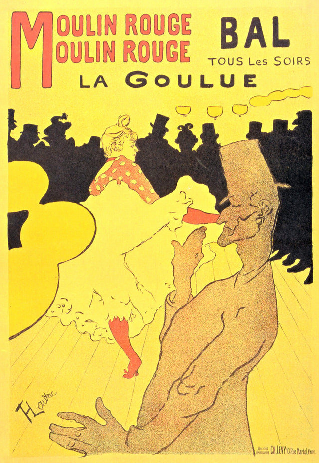 Moulin Rouge: La Goulue by Toulouse-Lautrec: a dancer kicking in white petticoats, black silhouettes, a yellow ground