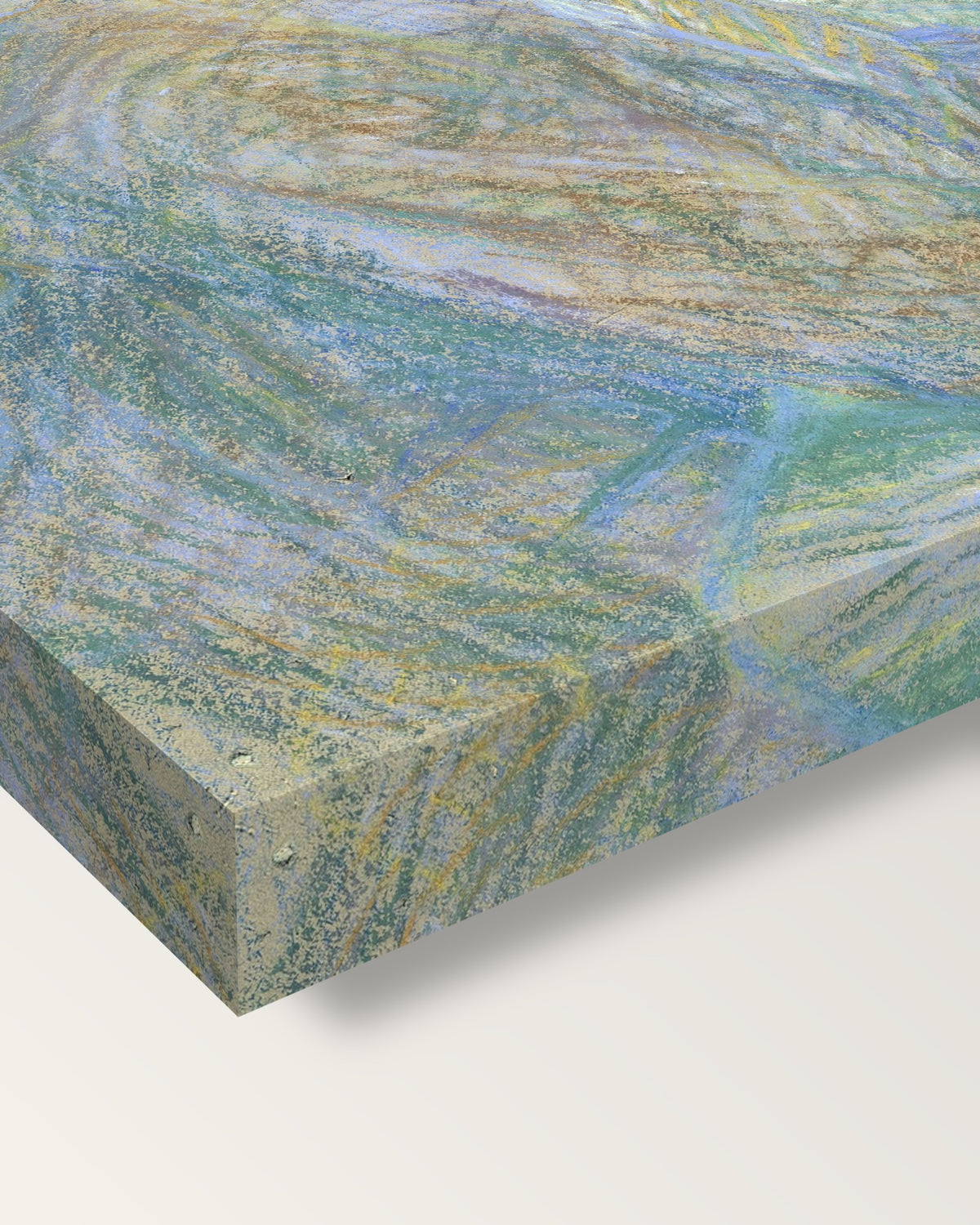 Portrait of Van Gogh by de Toulouse-Lautrec on stretched canvas, corner close-up: the painting mirror-wrapped round the sides