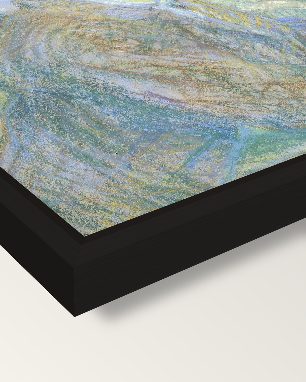 Portrait of Van Gogh framed canvas, corner close-up: a black floating frame with a shadow gap round the canvas