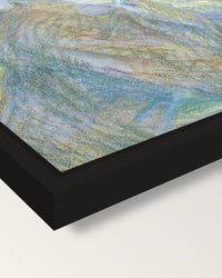 Portrait of Van Gogh framed canvas, corner close-up: a black floating frame with a shadow gap round the canvas