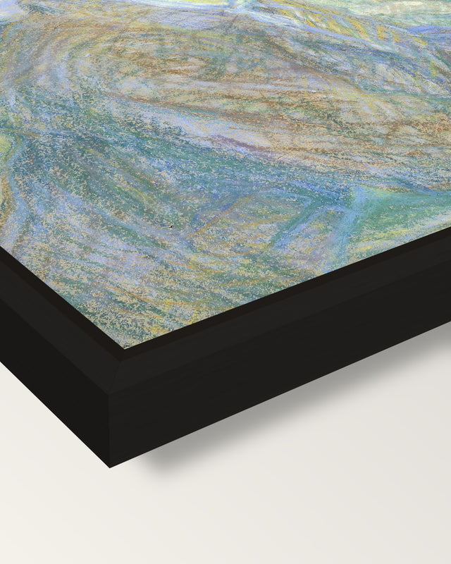 Portrait of Van Gogh framed canvas, corner close-up: a black floating frame with a shadow gap round the canvas