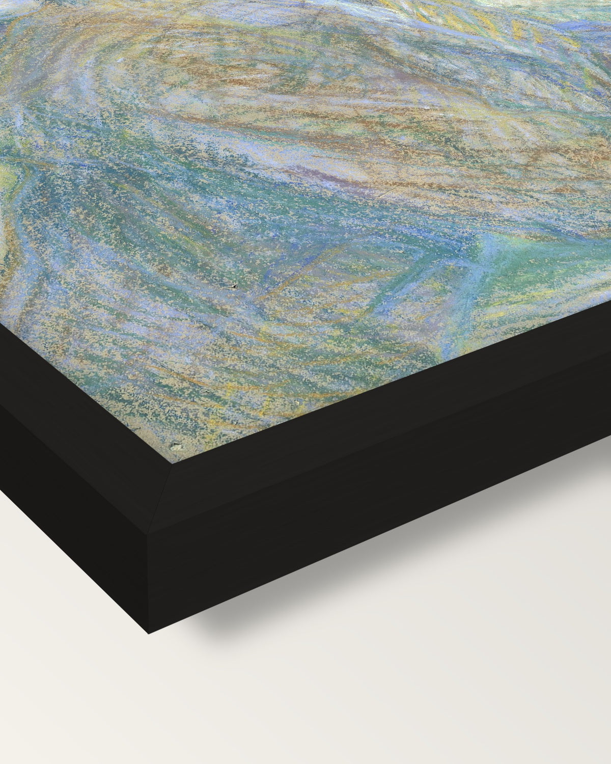 Portrait of Van Gogh framed print, corner close-up: black moulding, mitred, the print set just below its edge