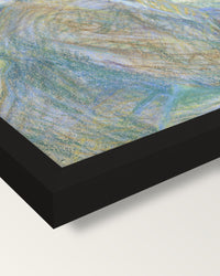 Portrait of Van Gogh framed print, corner close-up: black moulding, mitred, the print set just below its edge