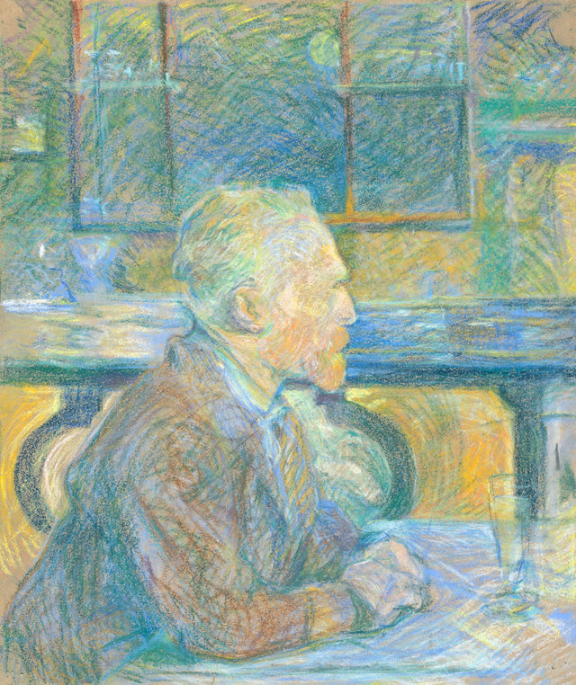 Portrait of Vincent van Gogh by Toulouse-Lautrec: Van Gogh in profile at a café table, in strokes of blue, orange and yellow