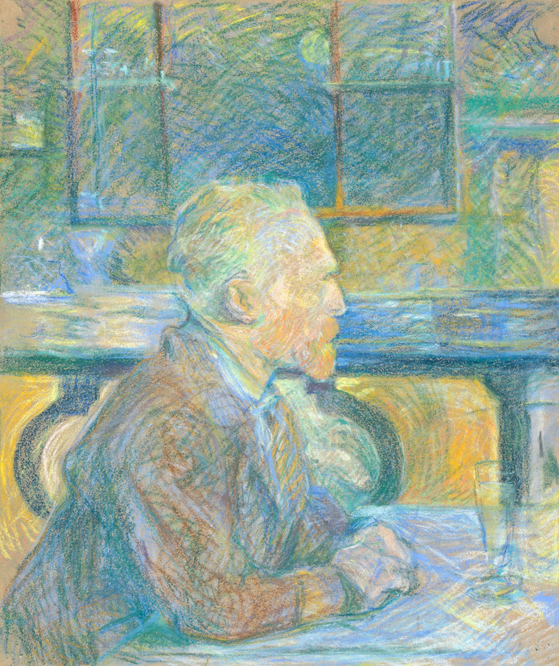 Portrait of Vincent van Gogh by Toulouse-Lautrec: Van Gogh in profile at a café table, in strokes of blue, orange and yellow