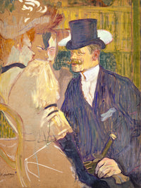 The Englishman at the Moulin Rouge by Toulouse-Lautrec: a man in a top hat and dark coat beside two women in yellow