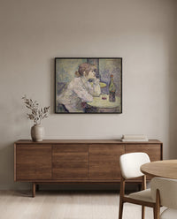 The Hangover by Henri de Toulouse-Lautrec in a black frame above a walnut sideboard in a dining room