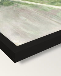 The Tightrope Dancer framed print, corner close-up: black moulding, mitred, the print set just below its edge