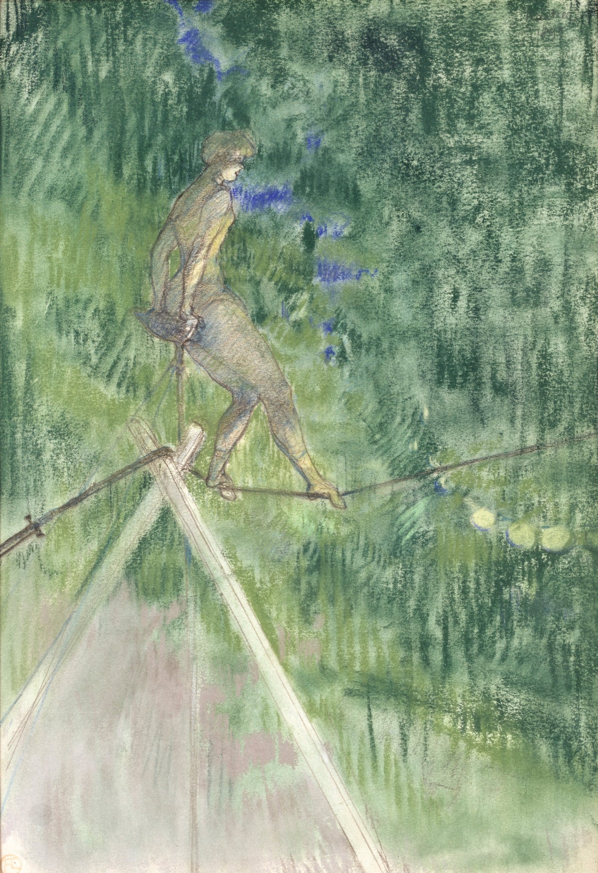 The Tightrope Dancer by Toulouse-Lautrec: a slim figure balancing on a rope above a pale green ground, in pastel